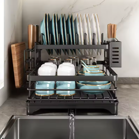 Rack de Drenagem de Pratos 2 Camadas – Escorredor de Metal com Suporte para Talheres e Sistema de Drenagem Automático